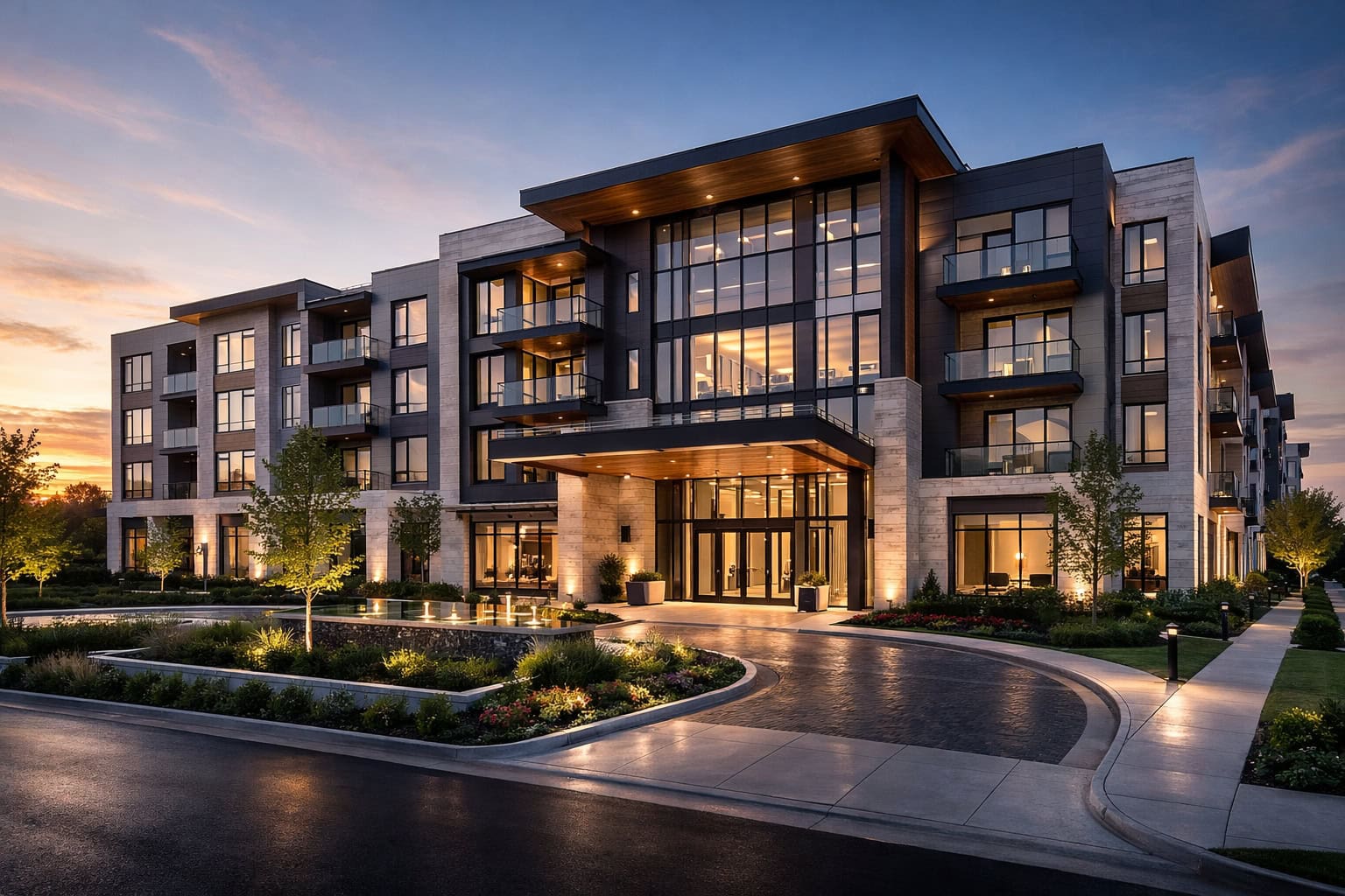 Class A multifamily property exterior at dusk
